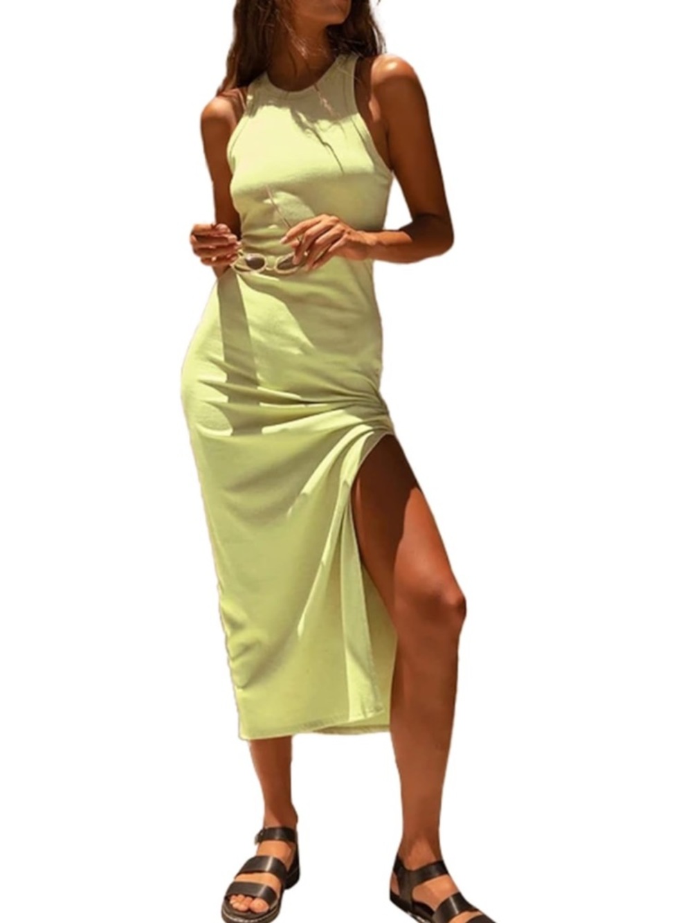 Sleeveless Side-Slit Midi Dress in Light Lime